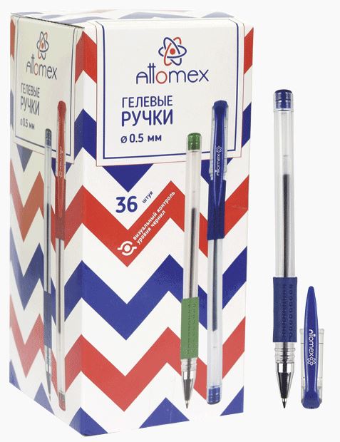 Ручка гелевая Attomex синяя, 0,5 мм, линия 0,3 мм, резин.грип, прозр.корпус