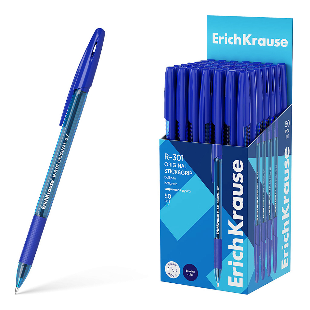 Ручка шарик. ErichKrause "R-301 Original Stick&Grip" синяя, 1,0 мм, резин.грип., тонир. корпус