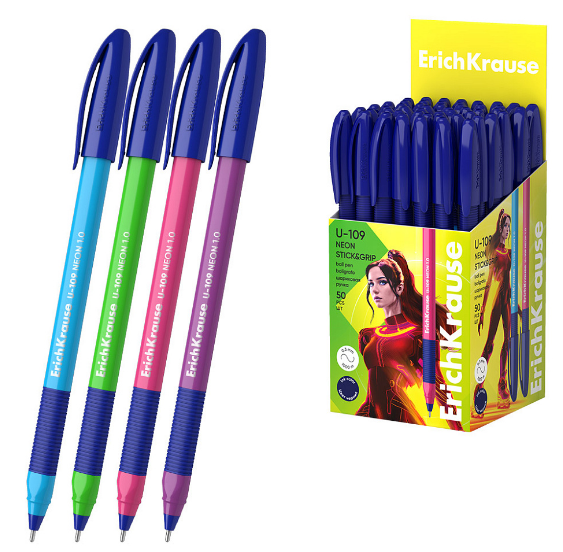 Ручка шарик. ErichKrause "U-109 Neon Stick&Grip" синяя, 1,0 мм, игольчатая, резин.грип., корпус ассорти, одноразовая, 1/50