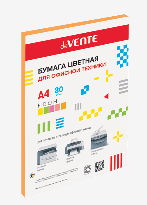 Бумага  А4 цв.  75-80 г/м.кв. неон оранжев  50 л. deVENTE, пластик.пакет