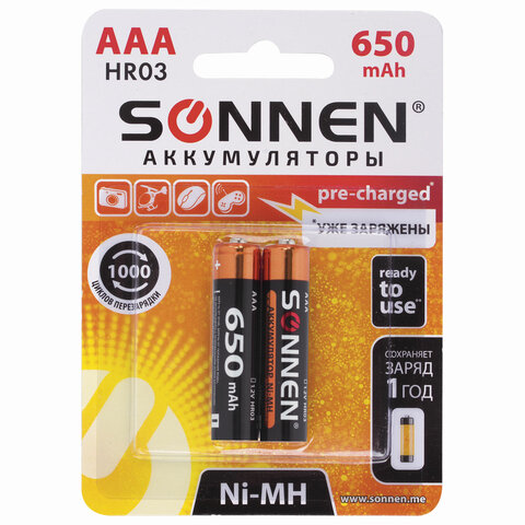 Аккумуляторы HR03 (мизинч.) ААА Sonnen, 650mAh, 1/2