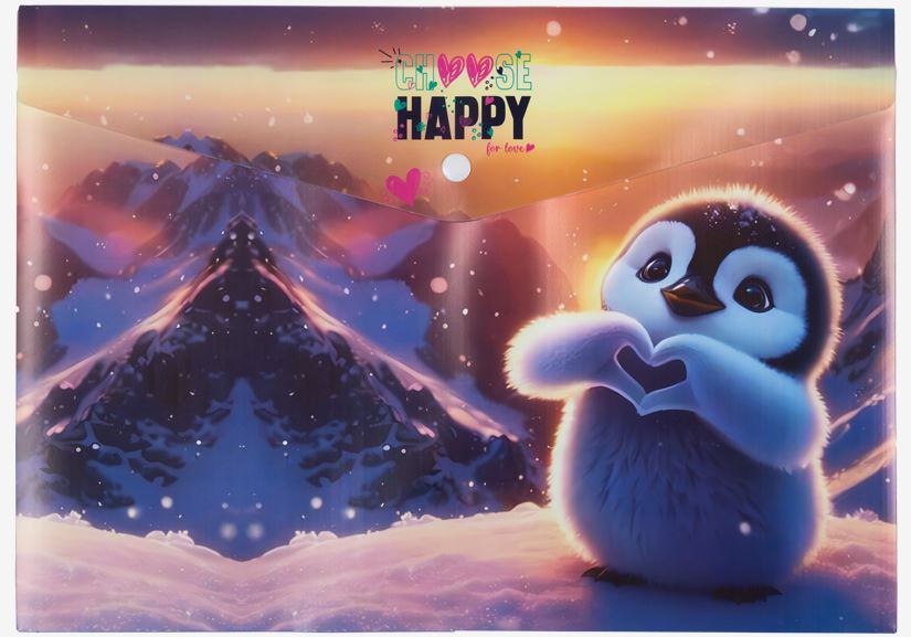 Папка с кнопкой с рис. А4  0,18 мм deVENTE "Happy Pinguin" непрозр.