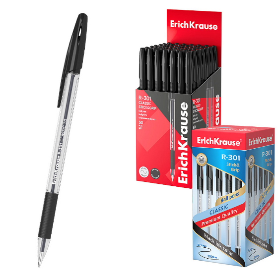 Ручка шарик. ErichKrause "R-301 Classic Stick&Grip" черная, 1,0 мм, резин.грип., прозр. корпус, 1/50