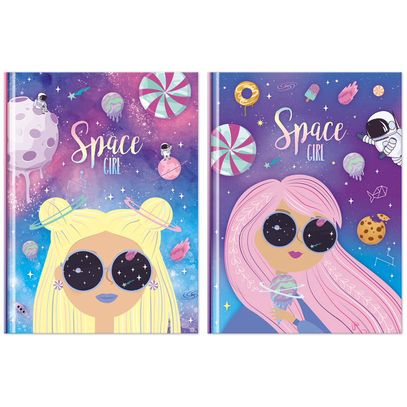 Книжка записная  А6 80 л. BG "Space girl" матов.ламин., блестки, клетка