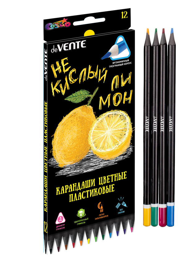 Карандаши 12 цв.  пластик. deVENTE 2М "Juicy Black" трехгр., заточ., к/к