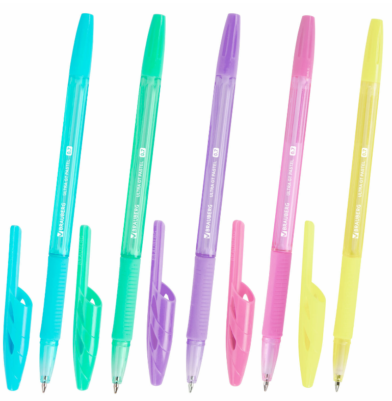 Ручка шарик. Brauberg "ULTRA GT PASTEL" синяя, 0,7 мм, линия 0,35 мм, резин. грип, корпус ассорти