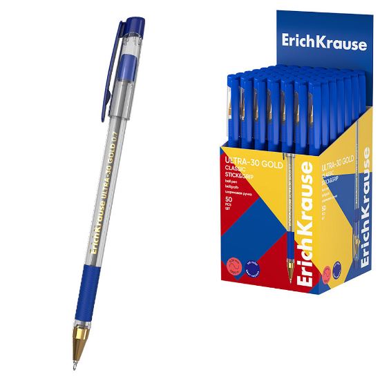 Ручка шарик. ErichKrause "ULTRA-30 Gold Stick&Grip Classic" синяя, 0,7мм, резин.грип, прозрачн. корпус, 1/50