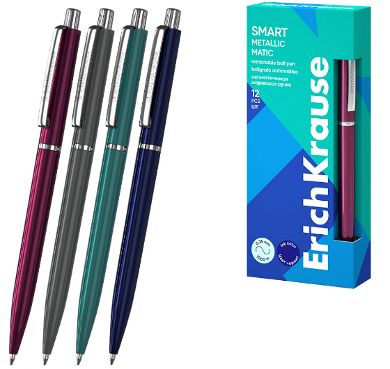 Ручка шарик. авт. ErichKrause "Smart Metallic" синяя, 0,7 мм, кнопочн. механизм, корпус ассорти