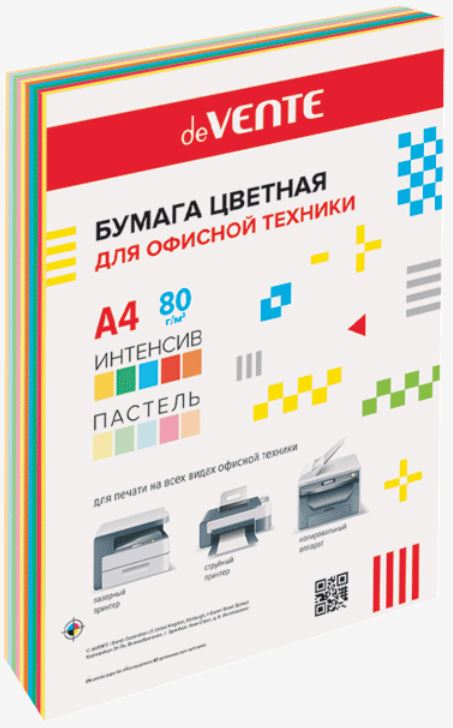 Бумага  А4 цв.  80 г/м.кв. ассорти 100 л. (5цв. интенсив. 5цв. пастель по 10л) deVENTE