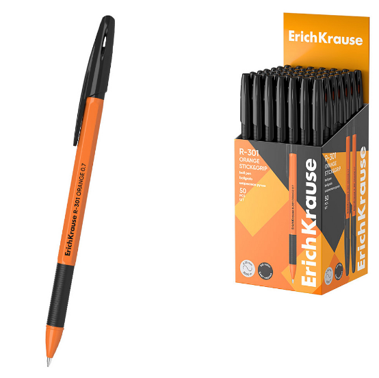 Ручка шарик. ErichKrause "R-301 Orange Stick&Grip" черная, 0,7мм, линия 0,35мм, оранжевый корп., резин.грип., 1/50