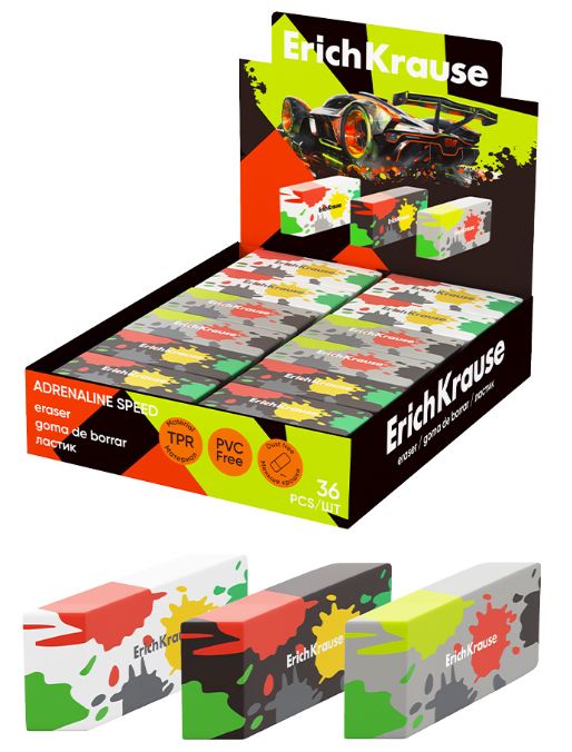 Ластик ErichKrause "Adrenaline Speed" прямоуг., скош.края, TPR, 48,5*19*8мм, ассорти 