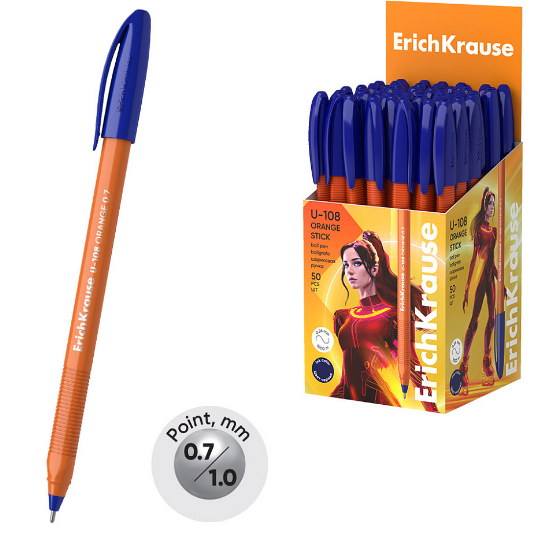 Ручка шарик. ErichKrause "U-108 Orange Stick" синяя, 1,0 мм, игольч., грип., одноразовая