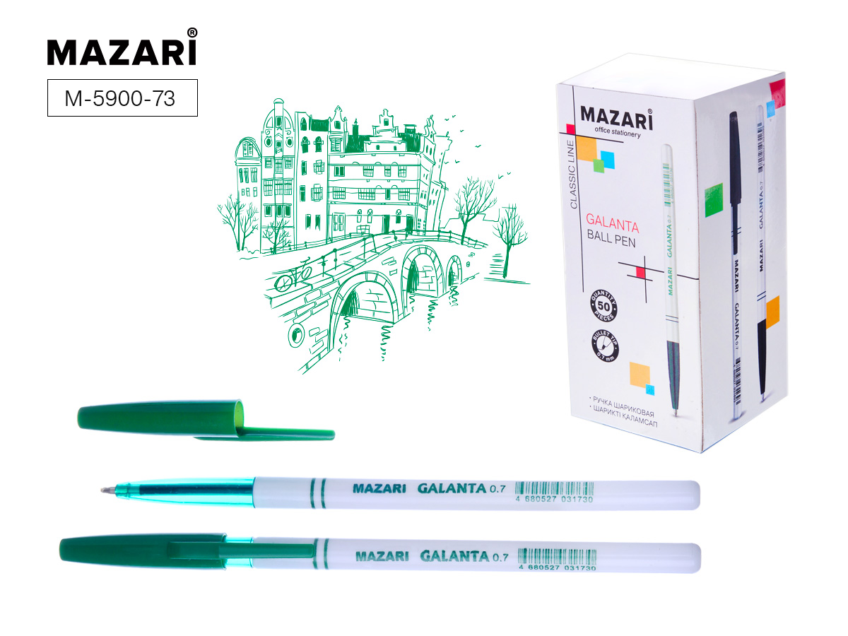 Ручка шарик. MAZARI "Galanta" зеленая, 0,7 мм, пулев., пл.корпус, к/к