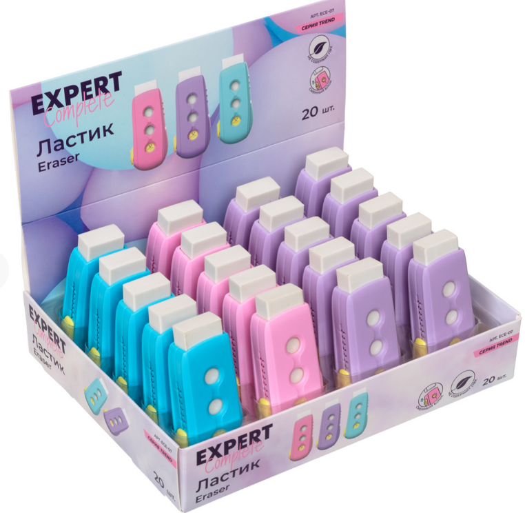 Ластик Expert Complete Trend Pastel выдвижной., каучук, 21*16.8*8.3, белый, цвет корпуса ассорти 1/20