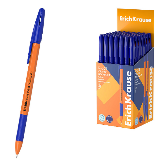 Ручка шарик. ErichKrause "R-301 Orange Stick&Grip" синяя, 0,7 мм, оранж. корпус, резин.грип. 1/50