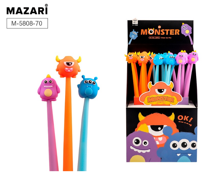 Ручка гелевая  игольч. MAZARI "Monster" синяя, 0,5 мм, пластик.цв.корп. ассорти 3 дизайна