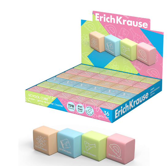 Ластик ErichKrause "School cube" квадратн., TPR, 22*22*17мм, ассорти 