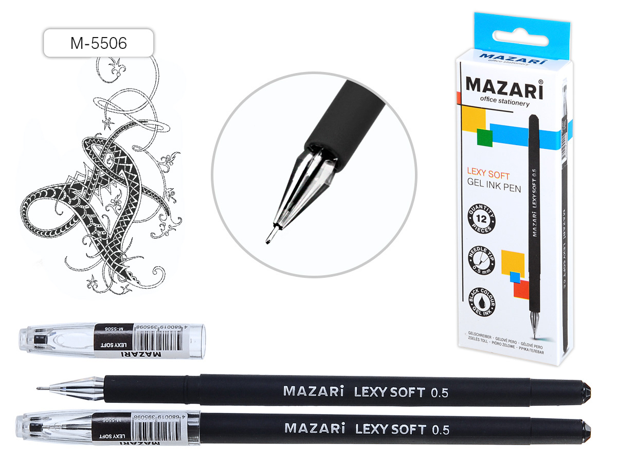 Ручка гелевая  игольч. MAZARI "Lexy Soft" черная, 0,5мм, пластик.прорезин.корп., диспенс., ассорти