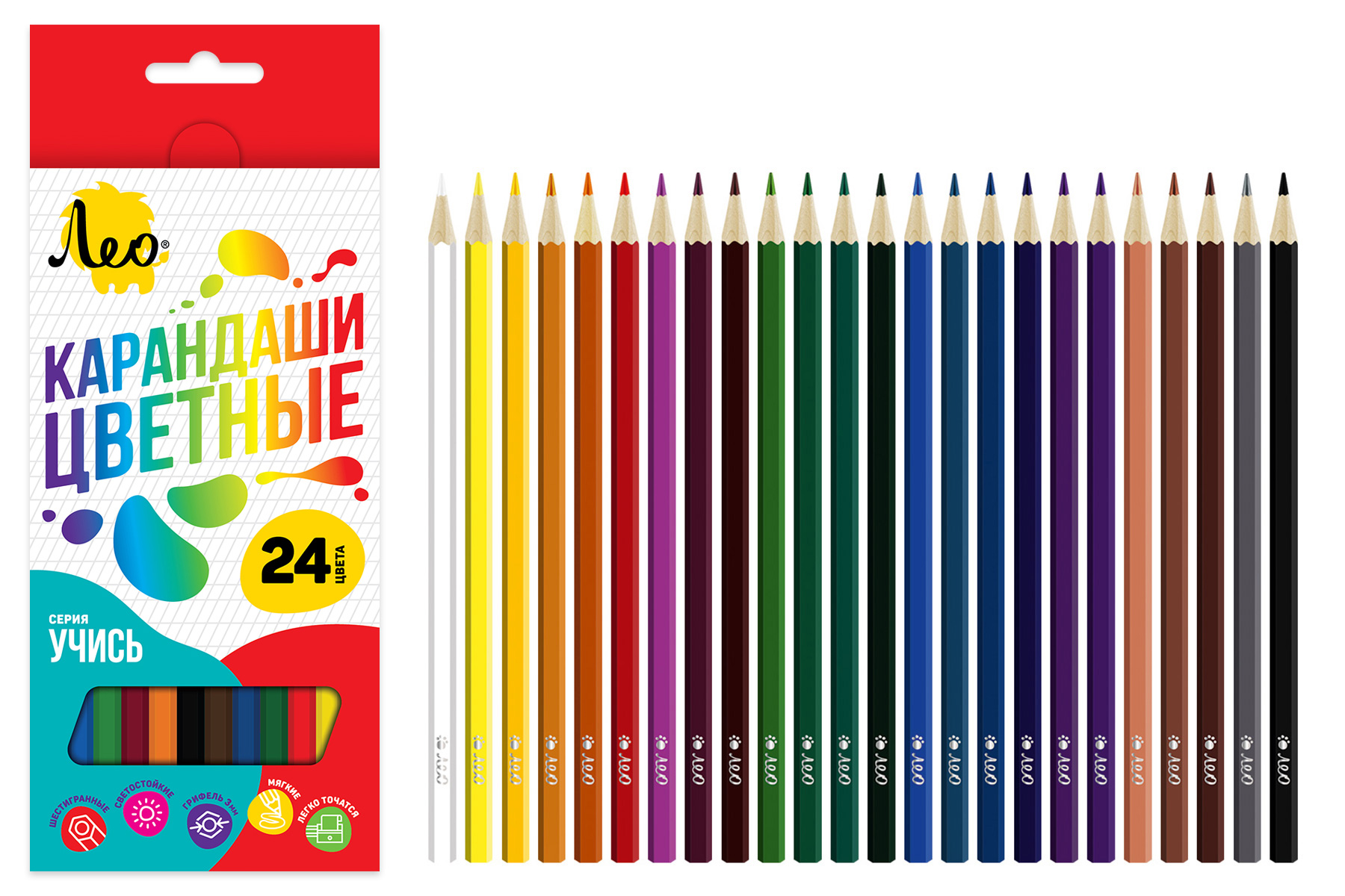 Карандаши 24 цв. Лео "Учись" шестигр., заточ., к/к