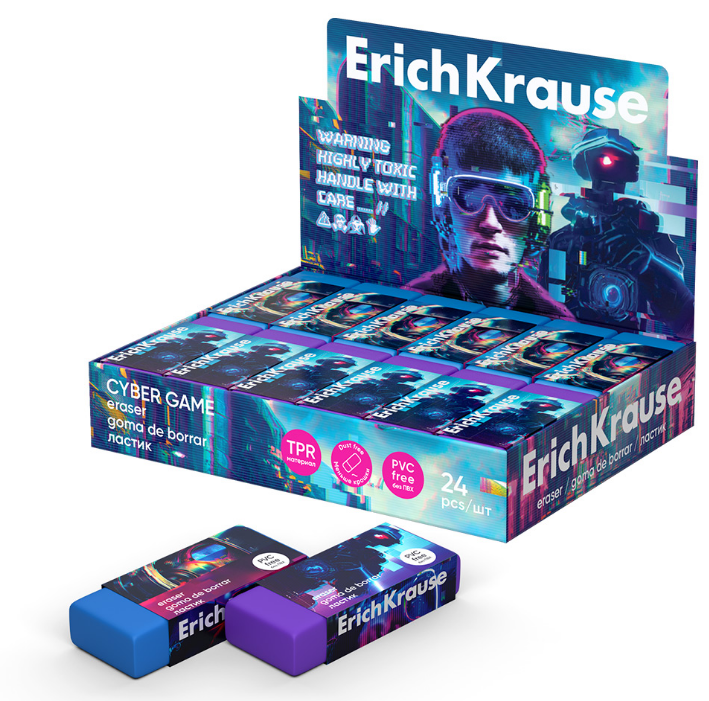 Ластик ErichKrause "Cyber Game" прямоуг., TPR, 50*20*10мм, карт. держ., ассорти