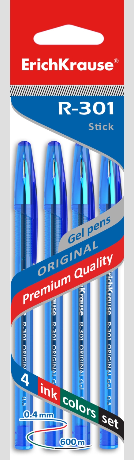 Ручка гелевая ErichKrause "R-301 Gel Stick Original" синяя, 0,5мм, тонир.корп, колпачок, п.пакет 1/4