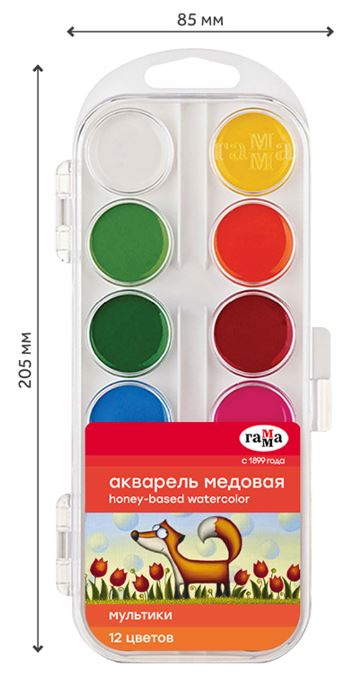 Краски 12 цв. акв. медов. ГАММА "Мультики" б/к, п/к, е/п