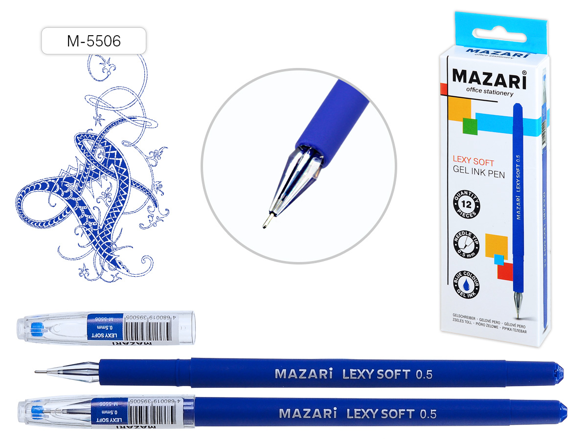 Ручка гелевая  игольч. MAZARI "Lexy Soft" синяя, 0,5мм, пластик.прорезин.корп., к/к.