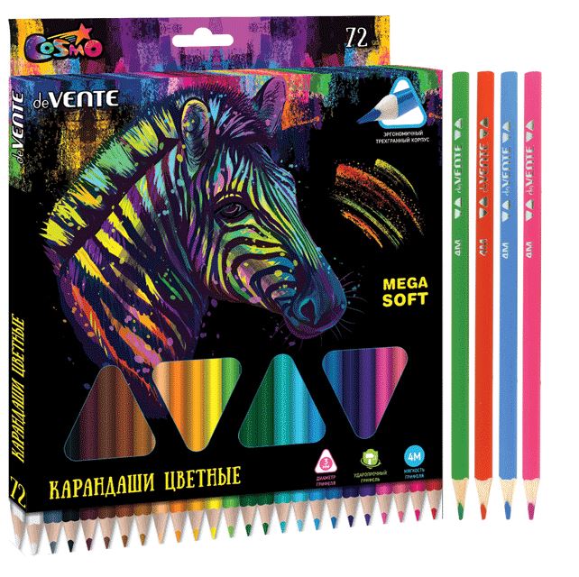 Карандаши 72 цв. deVENTE 4М "Trio Mega Soft" трехгр., заточ., к/к вельвет-тач