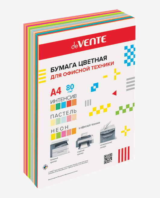 Бумага  А4 цв.  75-80 г/м.кв. ассорти  90 л. (5цв. интенс. 5цв. пастель 5цв. неон) deVENTE, пакет