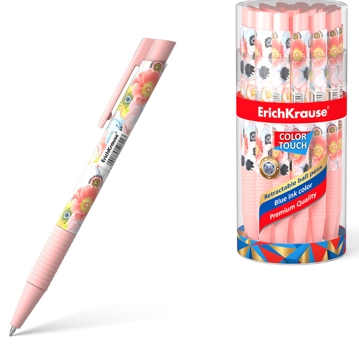 Ручка шарик. авт. ErichKrause ColorTouch "Flower Cocktail" синяя, 0,7мм, кнопочн. механизм, резин. грип, клип, корпус soft-touch с рис.