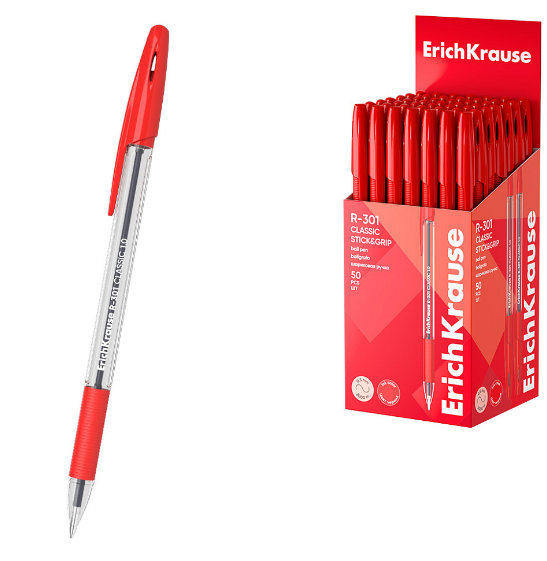 Ручка шарик. ErichKrause "R-301 Classic Stick&Grip" красная, 1.0 мм, резин.грип., 1/50