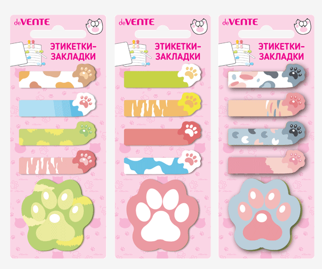 Закладки липк. бум. с рис. deVENTE "Cat paws" 48x15 мм, 45х45 мм, 20 листов, офсет 80 г/м2, ассорти