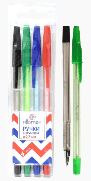 Ручки шарик.  4 цв. Attomex 0,7 мм, полупр.корп.c металлич.наконеч., е/п