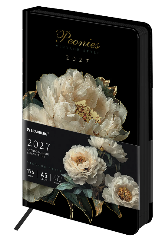 Ежедневник 2027г. А5 176л. тв.обл., иск.кожа Brauberg Vista "Midnight Peonies" цв.срез, ляссе, с рисунком