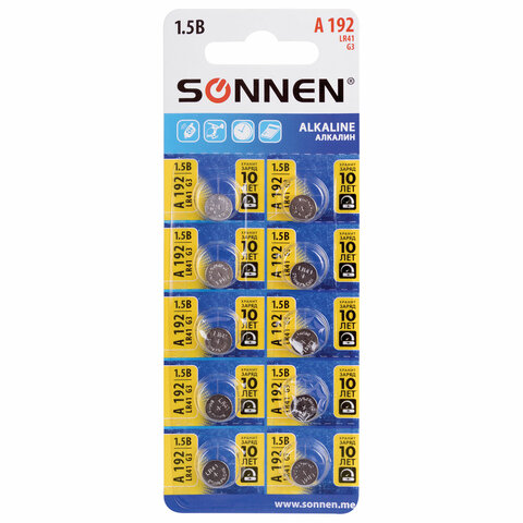 Батарейки часов. G3 (392) SONNEN Alkaline 192, LR41, 1шт