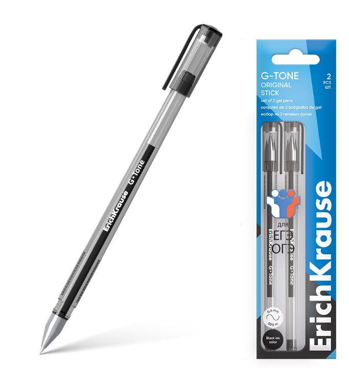 Ручка гелевая ErichKrause "G-Tone Original" черная, 0,5мм, грип, металлиз.наконечн., ОГЭ/ЕГЭ, 2шт/уп