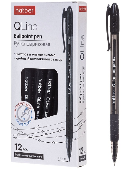 Ручка шарик. Хатбер "Q.line" черная, 0,7мм, игольч., масл, с колпачком и клипом